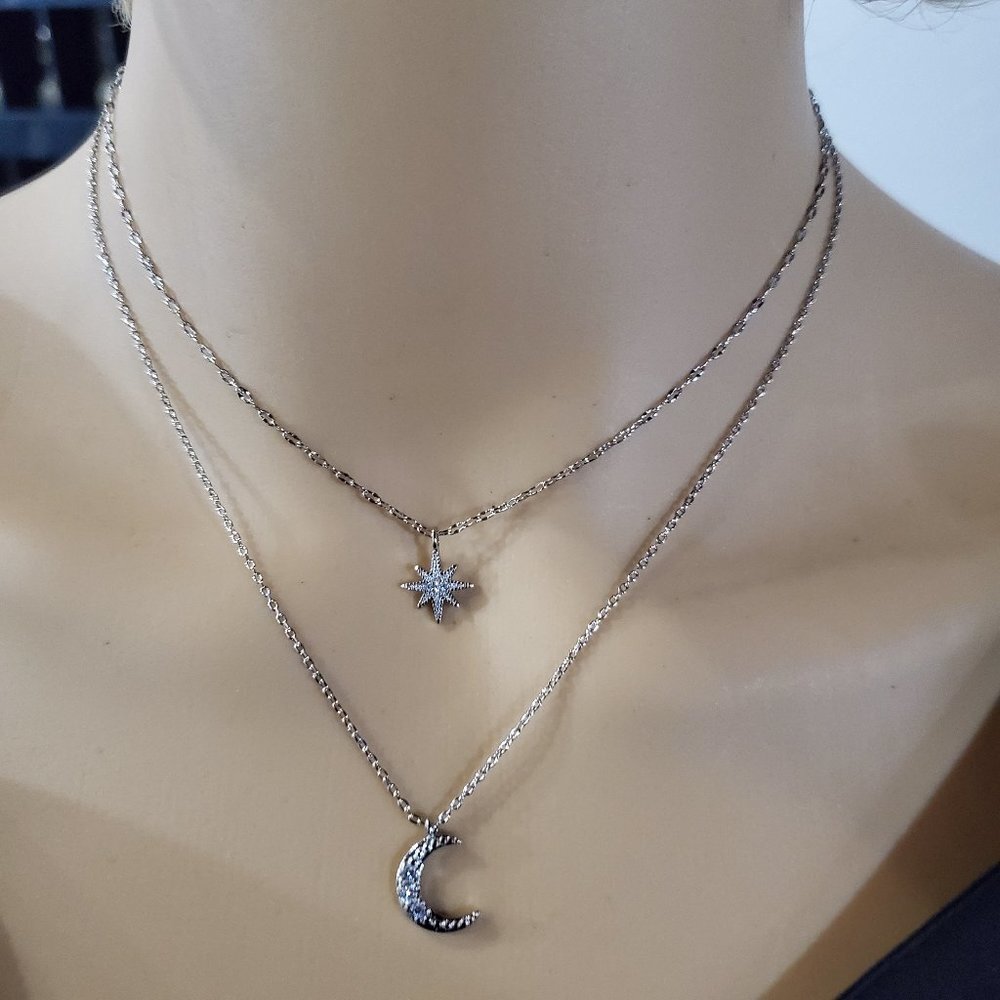 925 Silver Double Clavicle Necklace Topaz Moon & Star Double Pendant